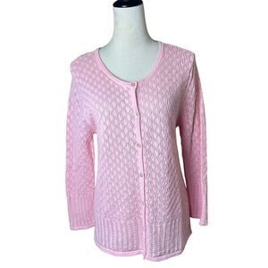 Y2K Crystal Kobe Baby Pink Open Knit Cardigan Large Barbie Preppy Coquette Girly